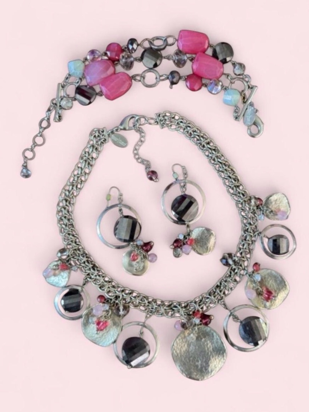White House Black Market - Clear, Silver, Gunmetal and Pink 3 Piece Jewelry Set